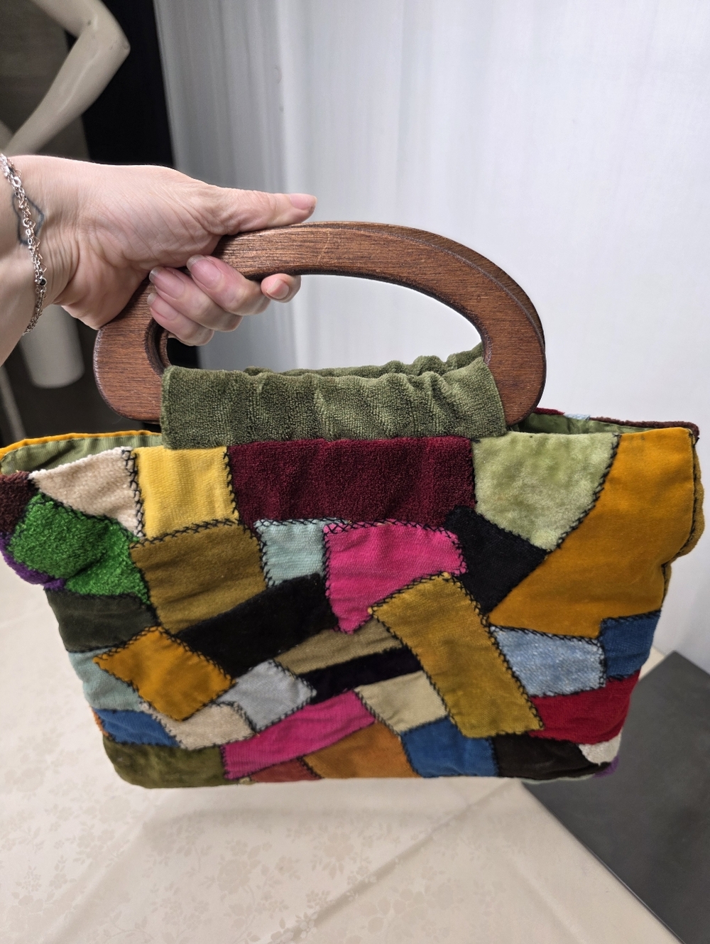 Vtg Colorful Patchwork Velvet Handbag w/ Carved Wood Handle Boho Whimsigoth OOAK - Picture 3 of 8